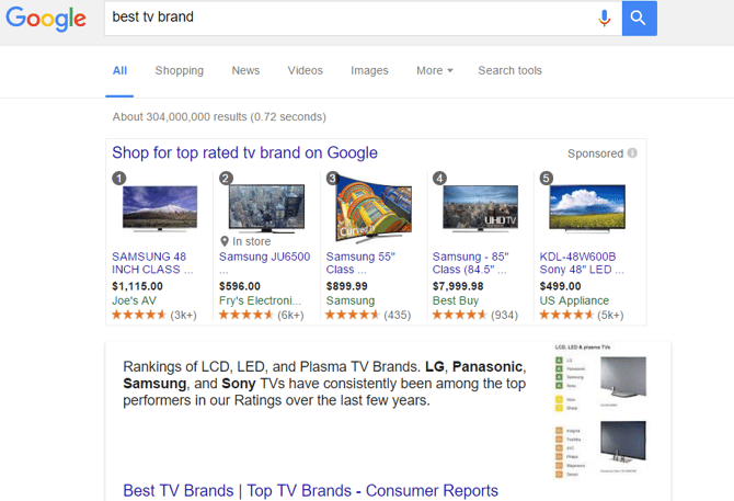 Voorbeeld van een Best of Top advertentie in Google Shopping